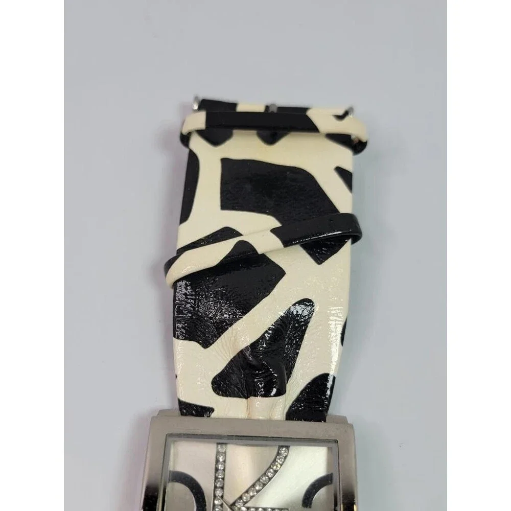 Vivani K1181 Quartz Watch Silver Tone Square Case Animal Print Wide Band